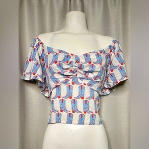 Off-Shoulder Top with Blue & Red Boot Print